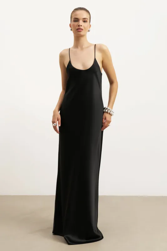 Satin Scoop Neck Camisole Maxi Dress - Black sold by Because of Alice