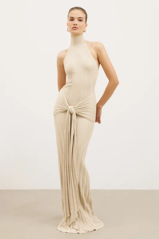 Fine Knit Gathered Halter Neck Maxi Dress - Champagne Shimmer sold by Because of Alice