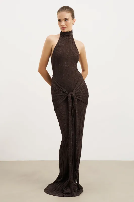 Fine Knit Gathered Halter Neck Maxi Dress - Carob Shimmer sold by Because of Alice