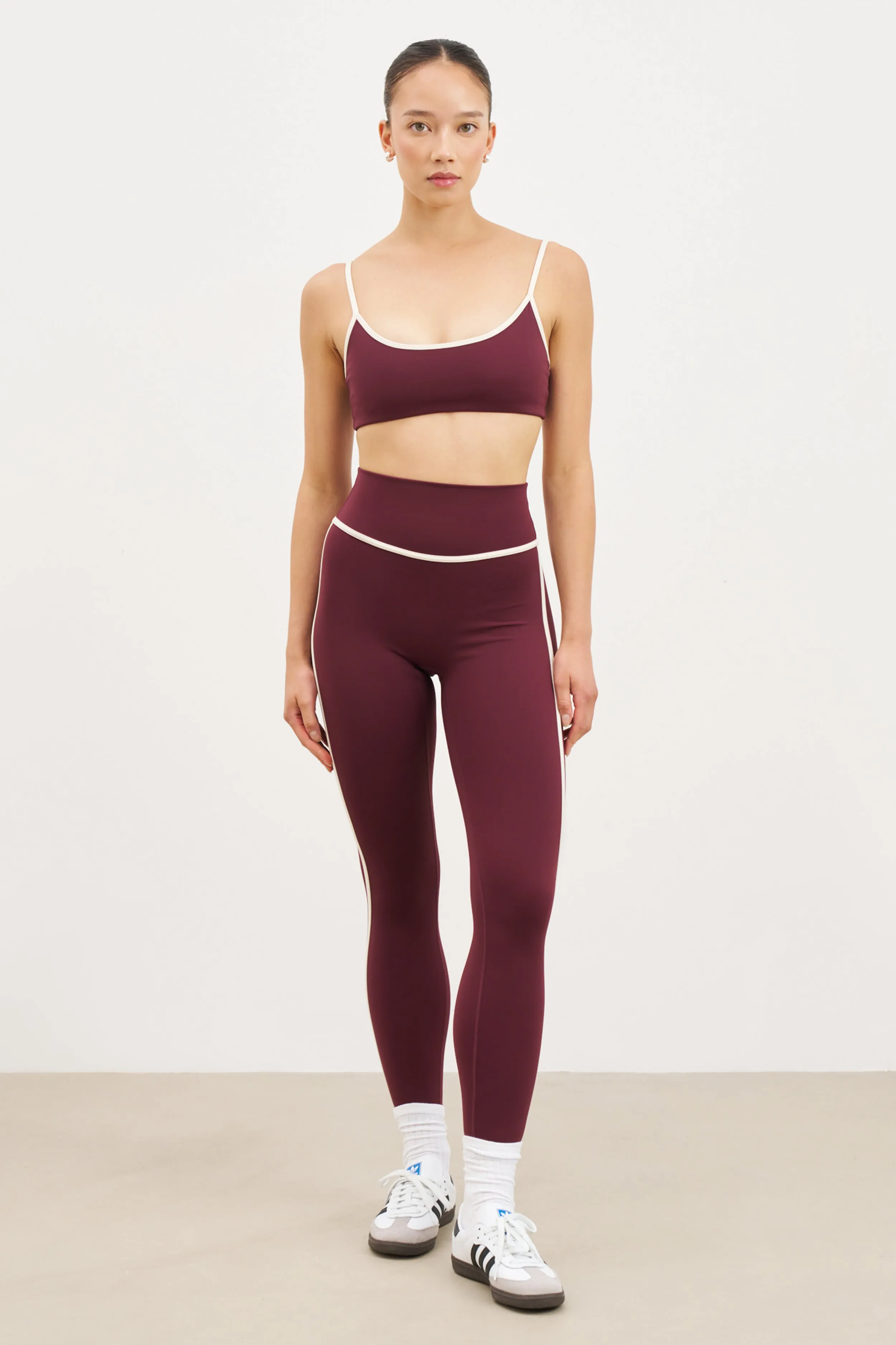 Base Contrast Trim Leggings - Merlot/Tofu sold by Because of Alice