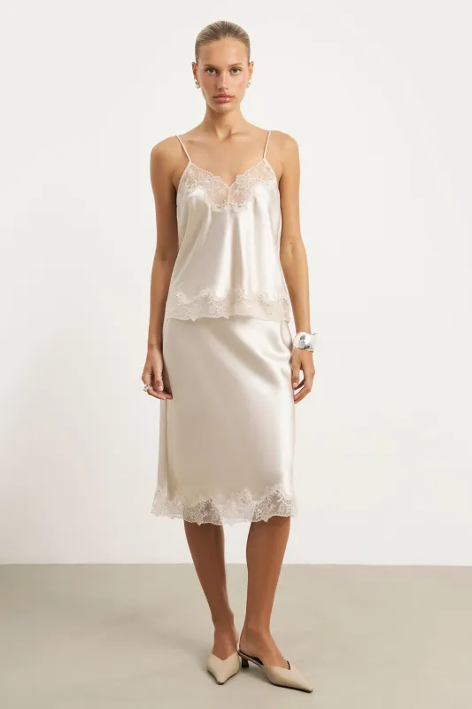 Satin Lace Detail Midi Skirt - Champagne sold by Because of Alice