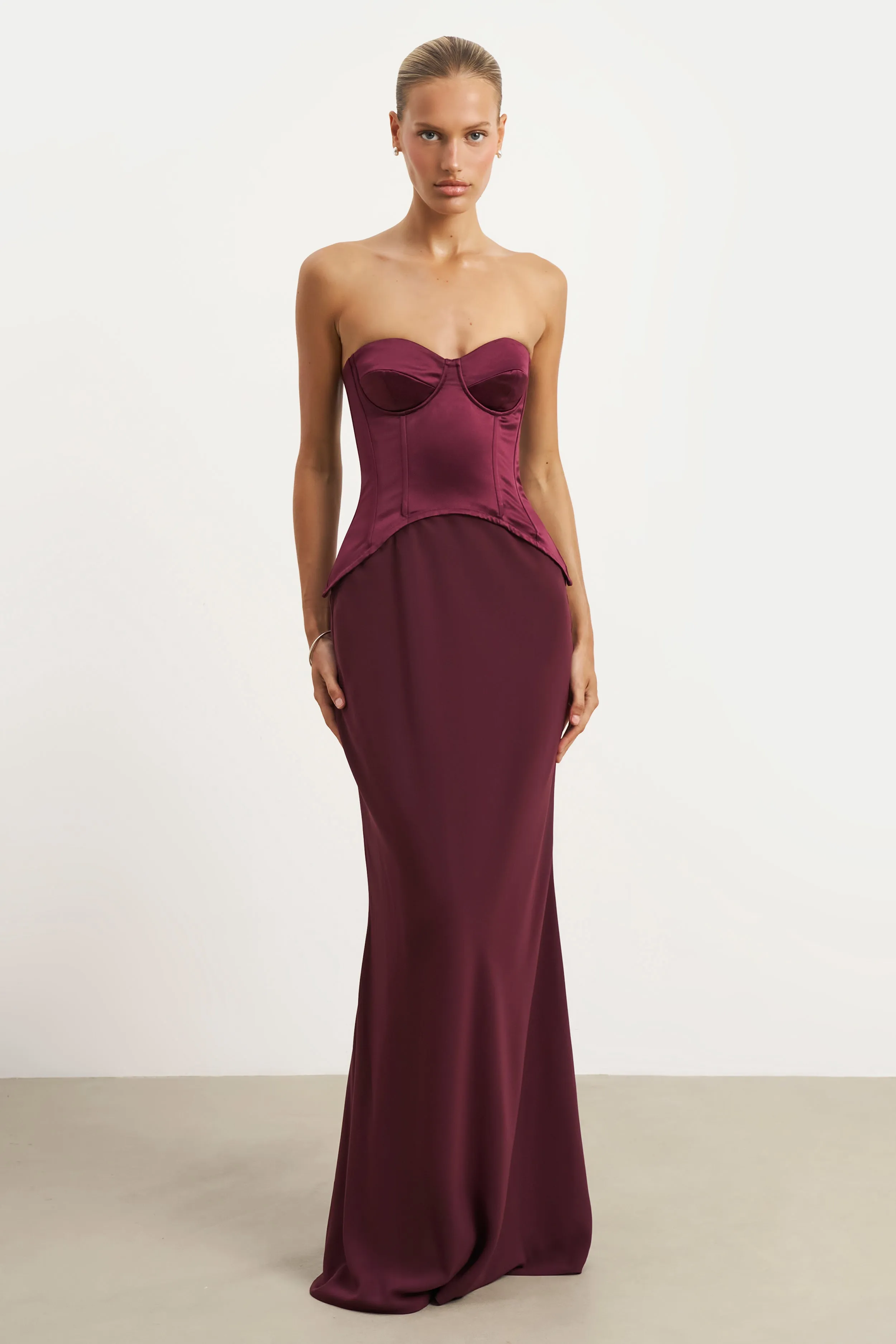 Satin Corset Gown with Sweetheart Neckline - Mulberry sold by Because of Alice