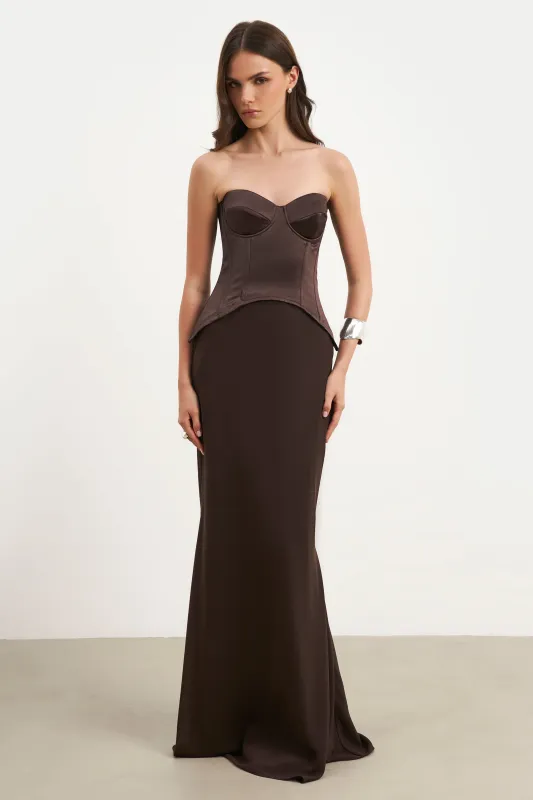 Satin Corset Gown with Sweetheart Neckline - Carob sold by Because of Alice