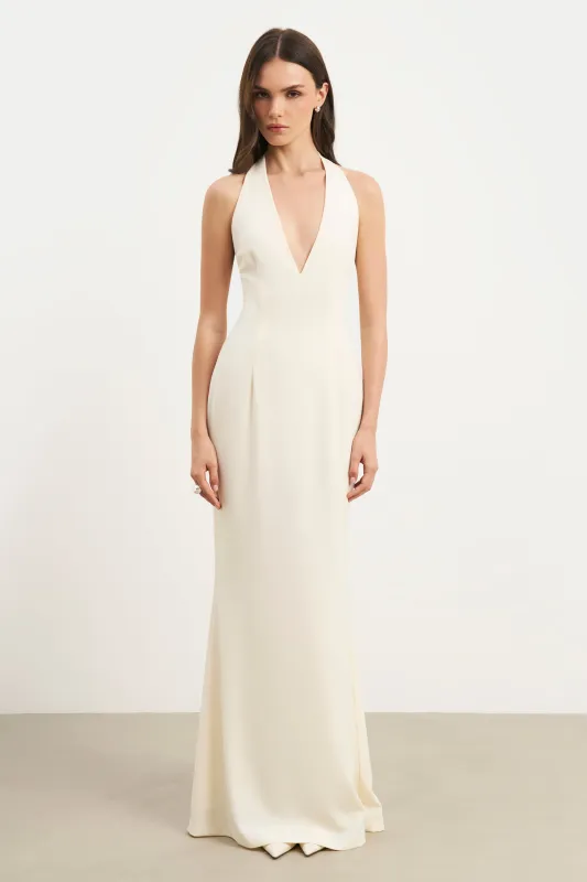 Plunging V Neck Halter Gown - Cream sold by Because of Alice