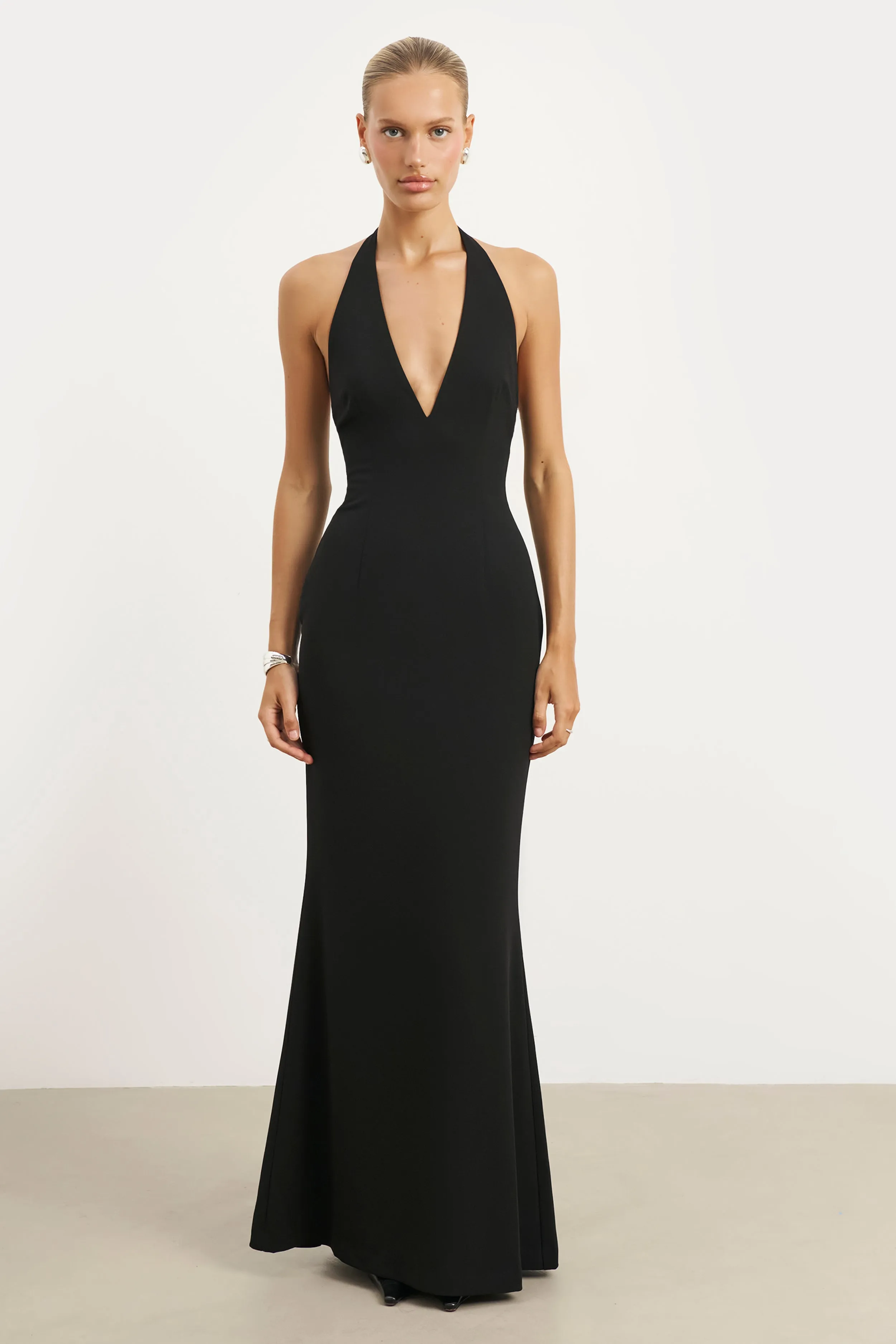 Plunging V Neck Halter Gown - Black sold by Because of Alice