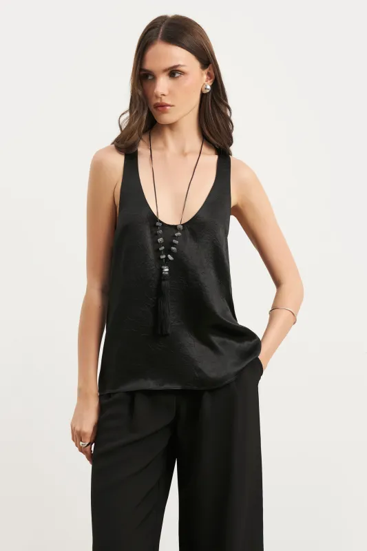 Crushed Satin Plunge U Neck Tank Top - Black sold by Because of Alice