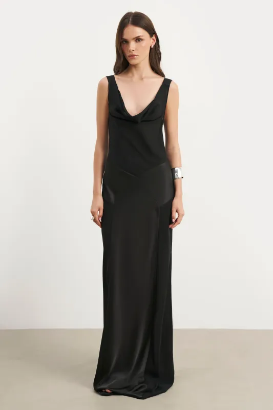 Cowl Neck Satin Panel Gown - Black sold by Because of Alice