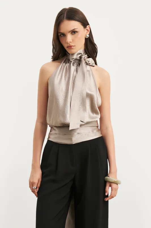 Crushed Satin Backless Halterneck Top - Pebble sold by Because of Alice