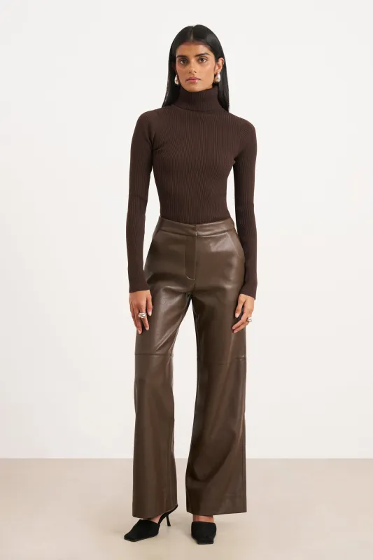 Tailored Leather Wide Leg Trousers - Carob sold by Because of Alice
