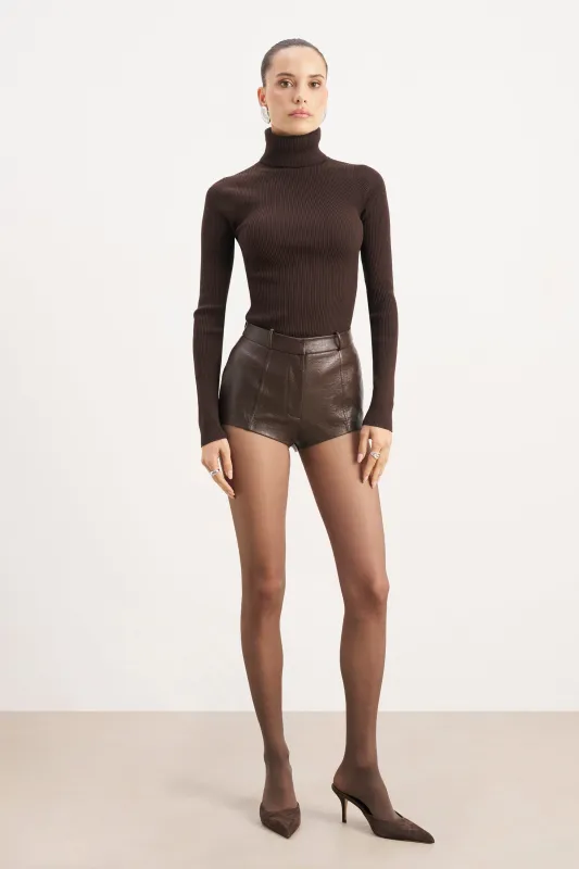 Tailored Leather Micro Shorts - Carob sold by Because of Alice