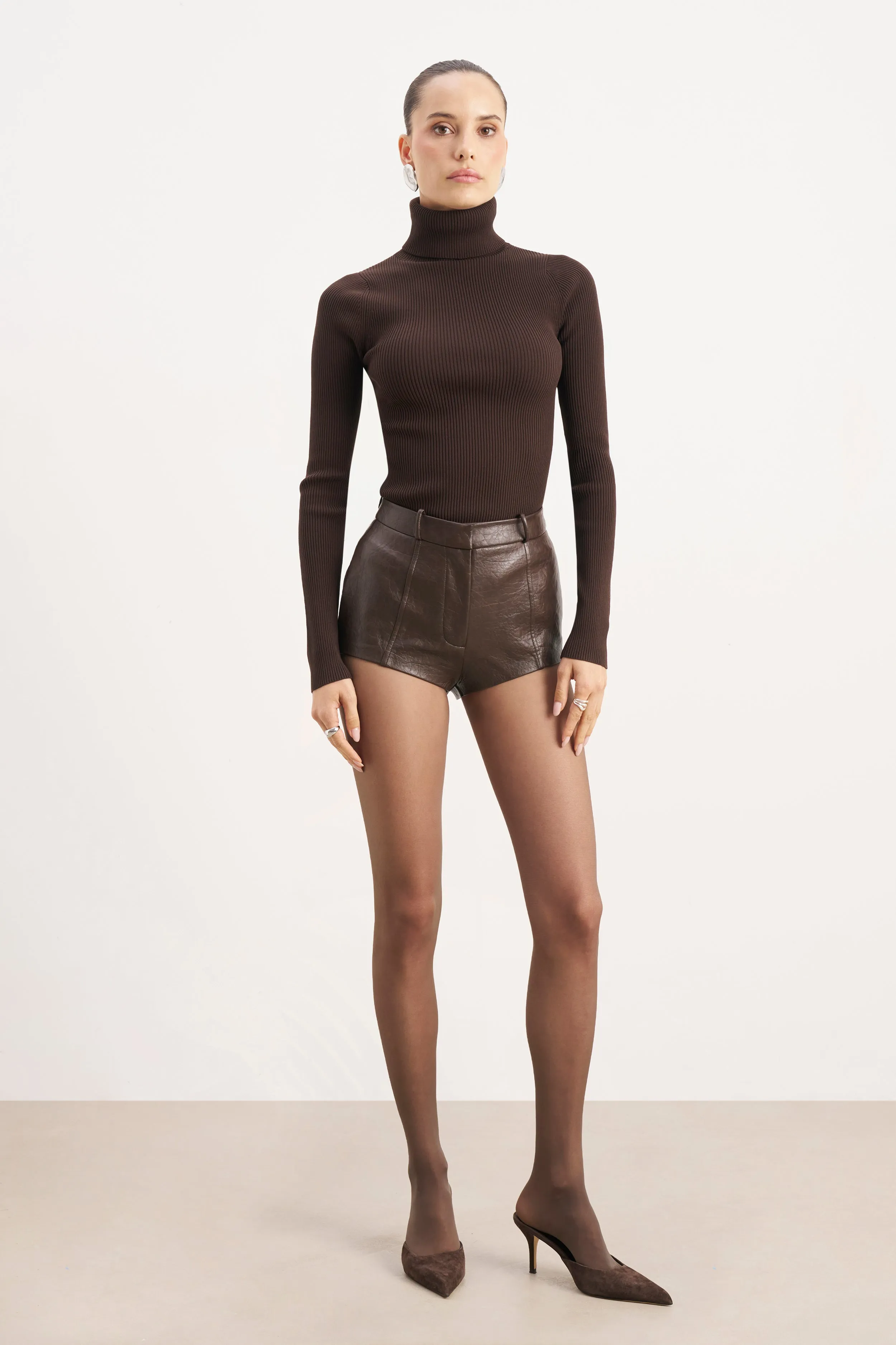 Tailored Leather Micro Shorts - Carob sold by Because of Alice