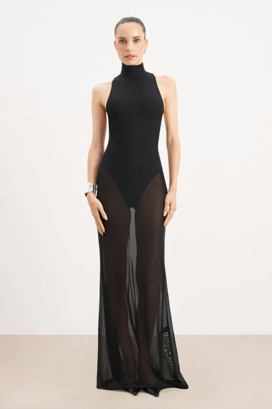 Sheer High Neck Racerback Gown - Black sold by Because of Alice