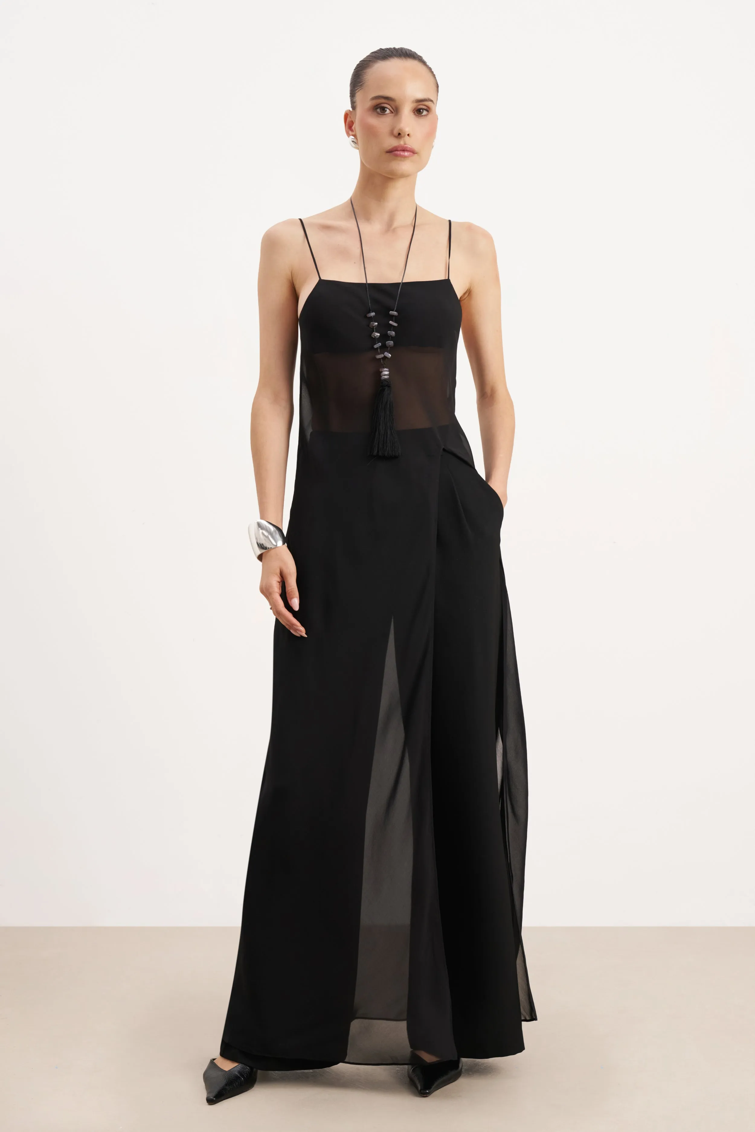 Sheer Chiffon Longline Camisole - Black sold by Because of Alice
