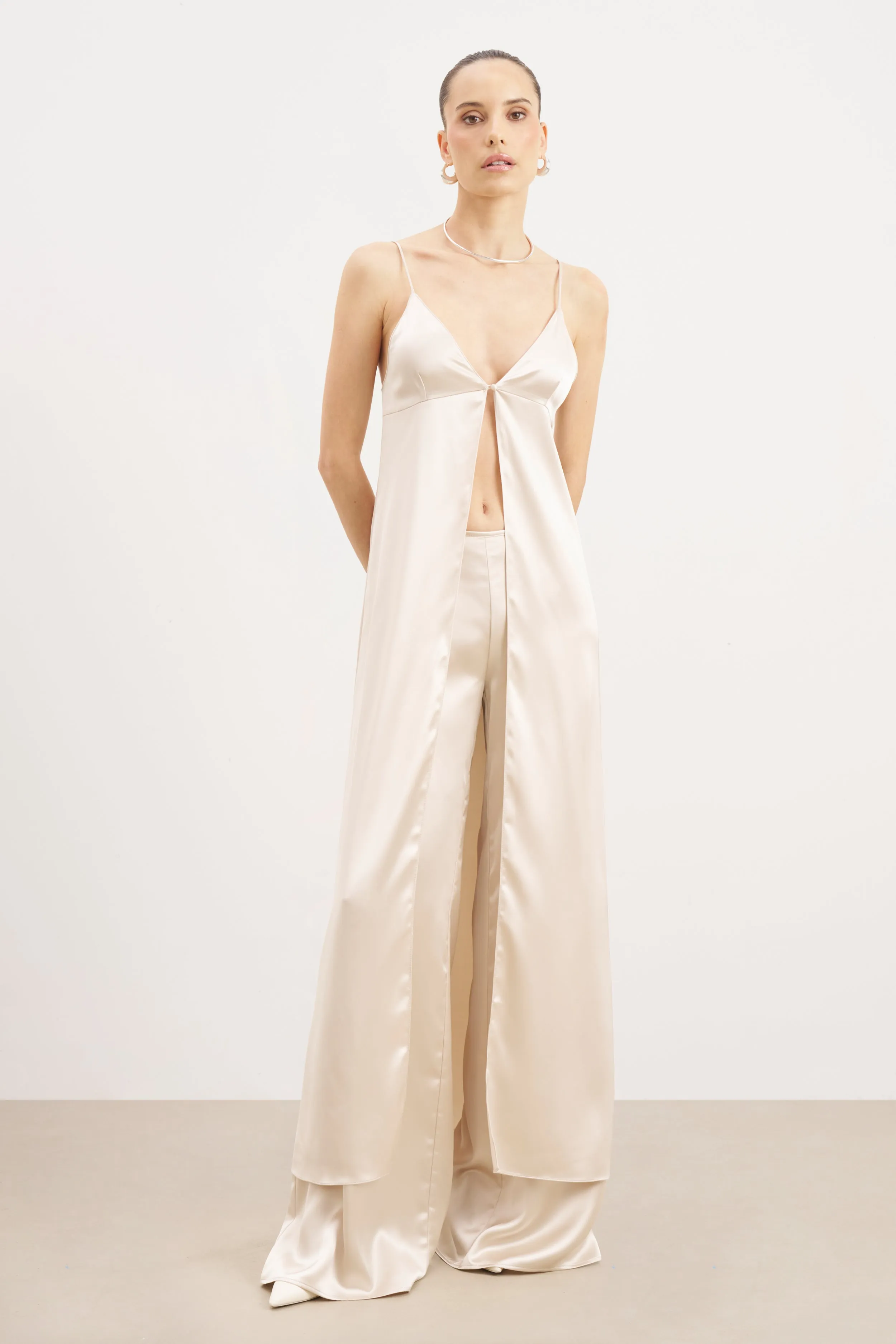Satin V Neck Longline Camisole - Champagne sold by Because of Alice