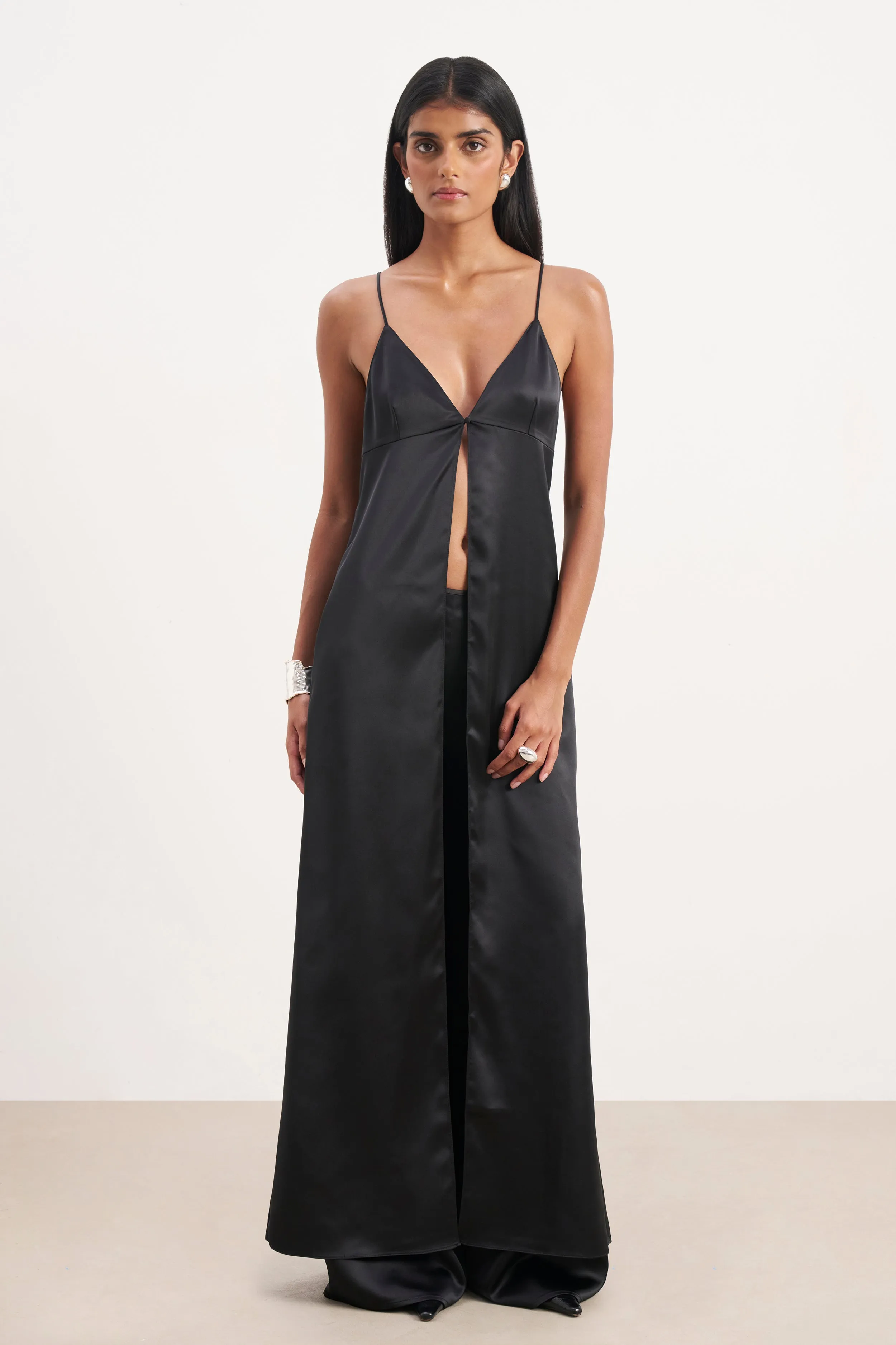 Satin V Neck Longline Camisole - Black sold by Because of Alice