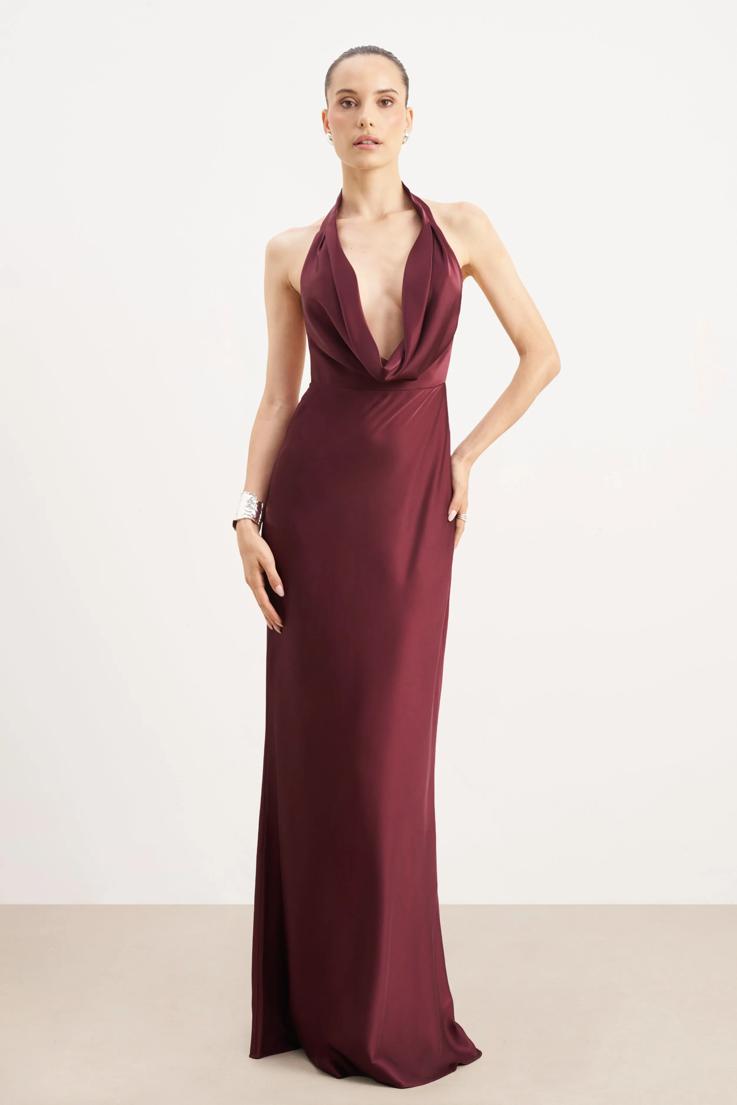 Satin Plunging Cowl Neck Maxi Dress - Mulberry sold by Because of Alice