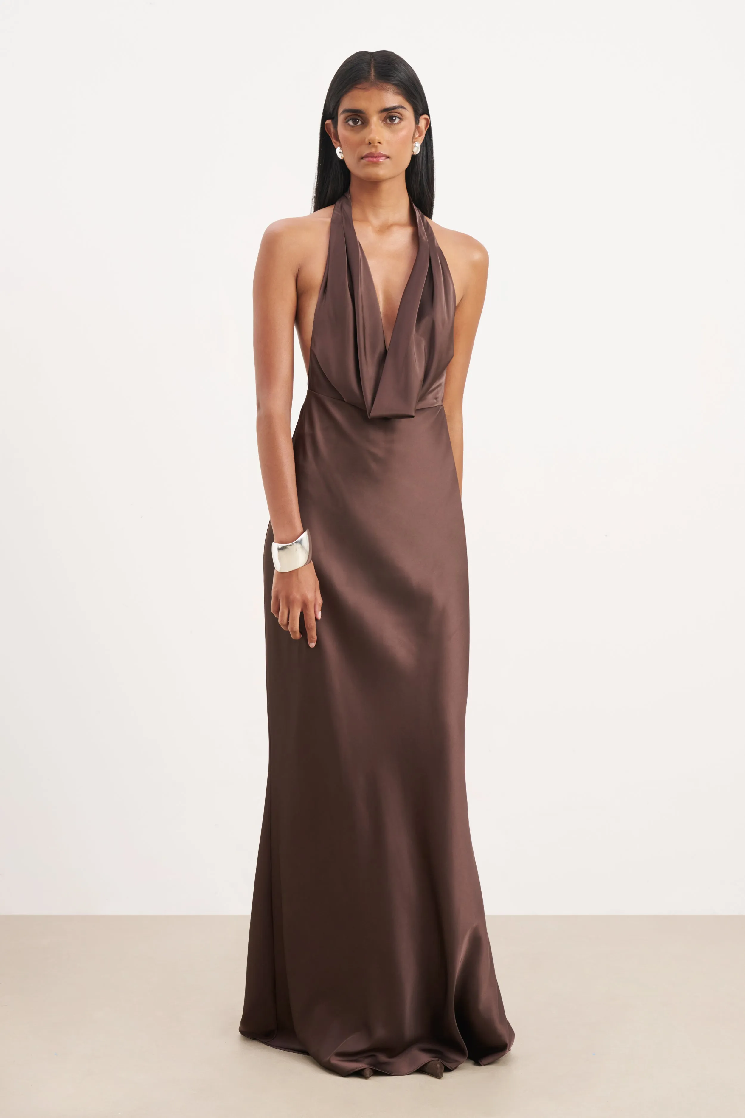 Satin Plunging Cowl Neck Maxi Dress - Carob sold by Because of Alice product image thumbnail 3