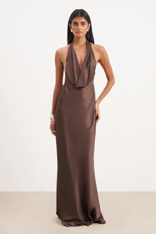 Satin Plunging Cowl Neck Maxi Dress - Carob sold by Because of Alice