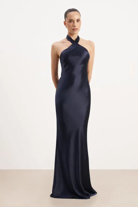 Satin Cross Strap Halter Gown - Navy sold by Because of Alice