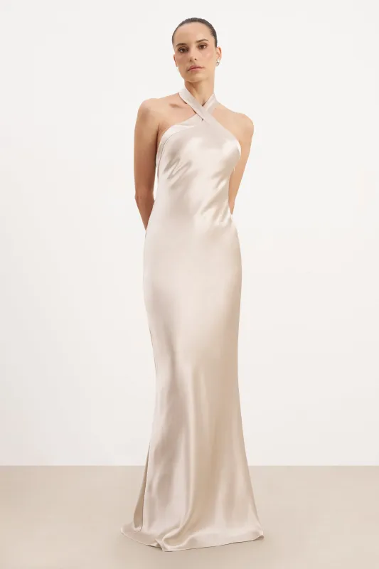 Satin Cross Strap Halter Gown - Champagne sold by Because of Alice