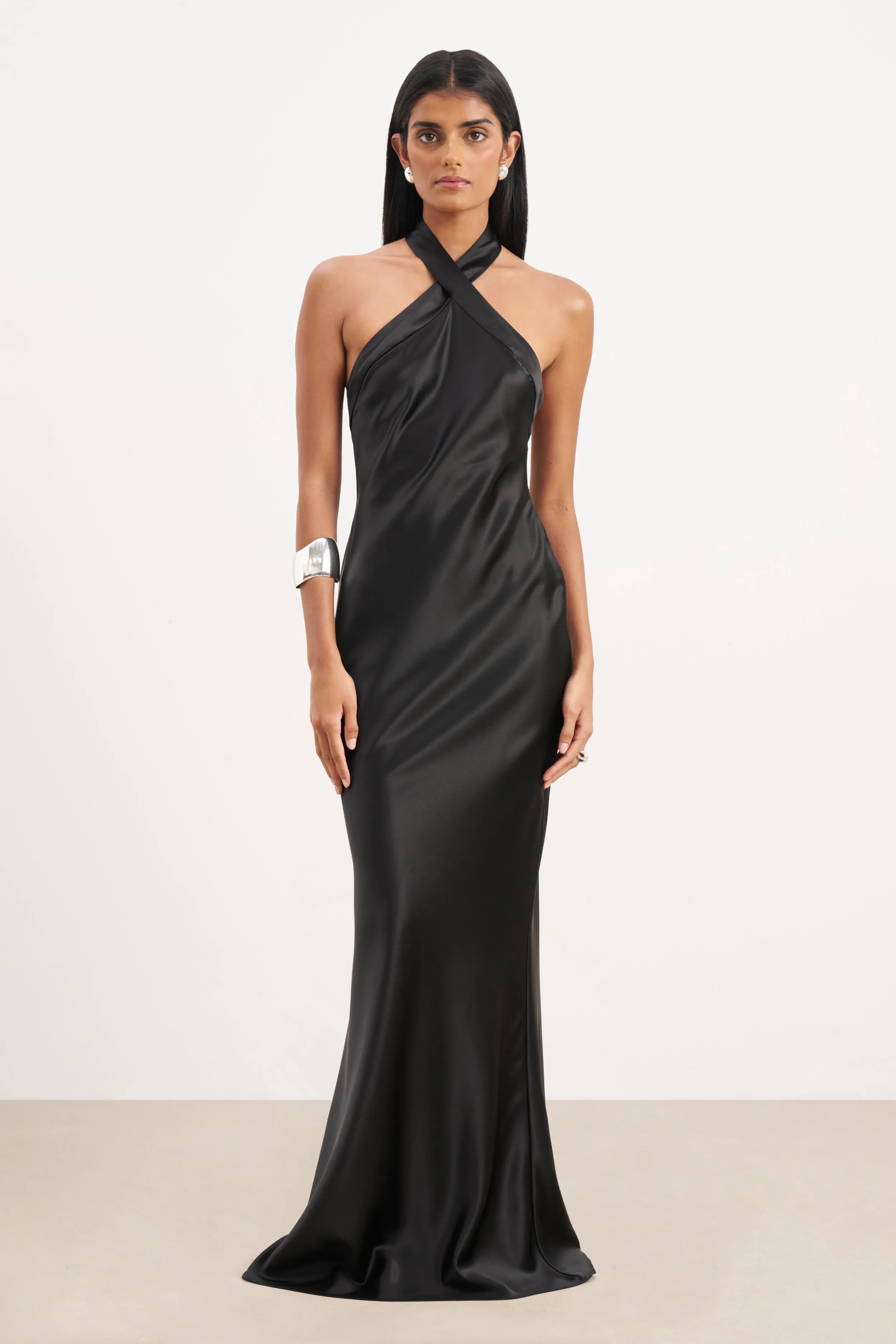 Satin Cross Strap Halter Gown - Black sold by Because of Alice