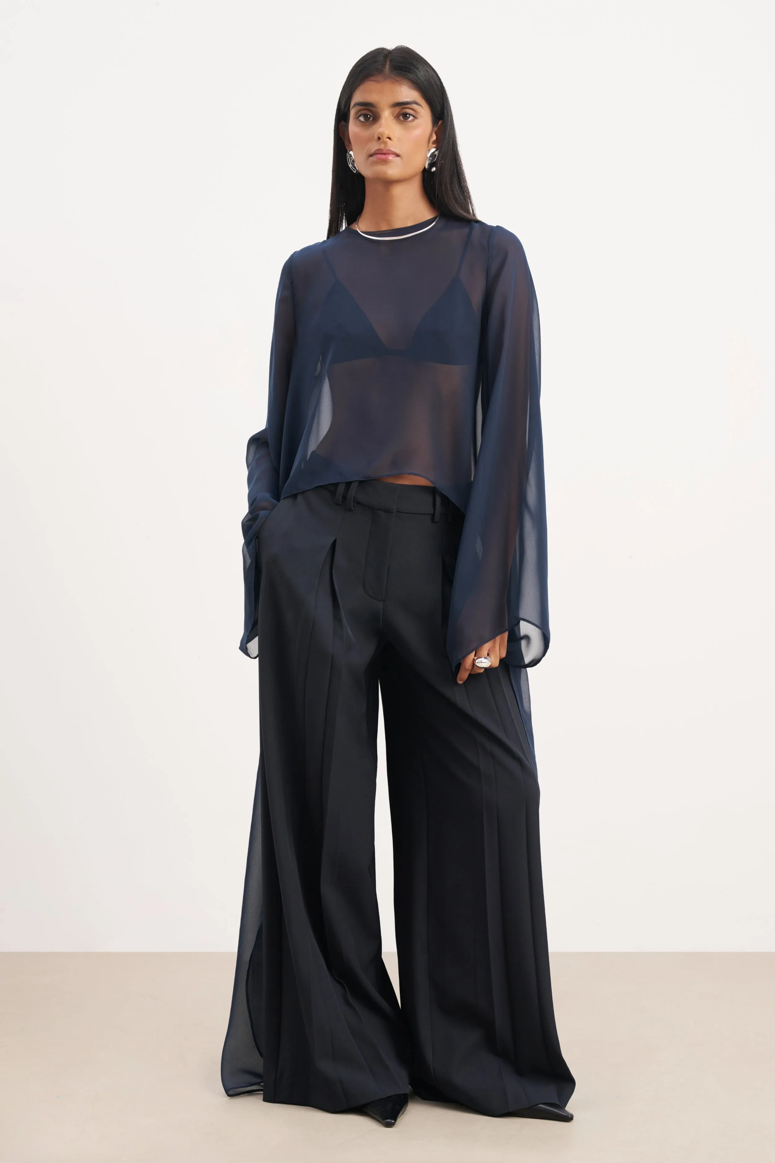 Box Pleat Tailored Wide Leg Trousers - Navy sold by Because of Alice product image thumbnail 3