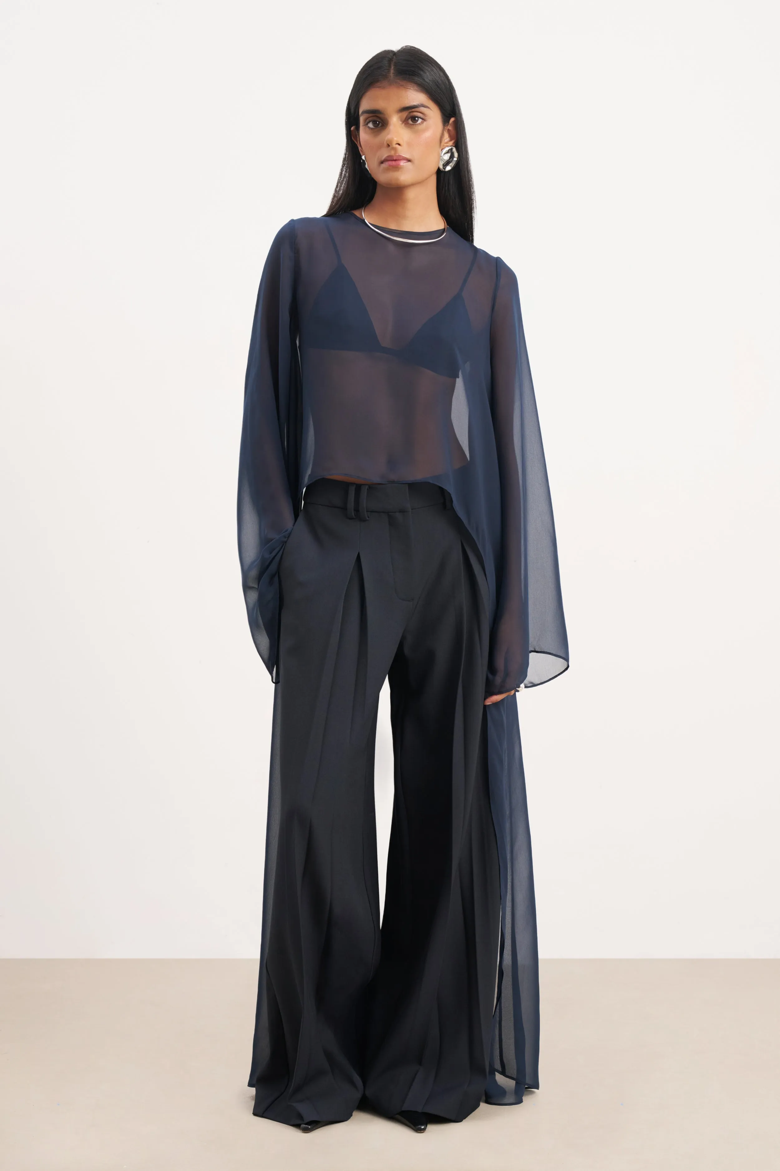 Box Pleat Tailored Wide Leg Trousers - Navy sold by Because of Alice