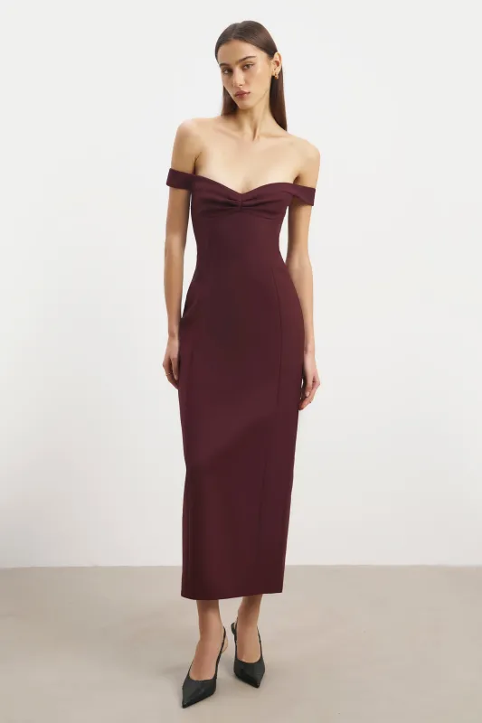 Tailored Ruched Bardot Midi Dress - Mulberry sold by Because of Alice