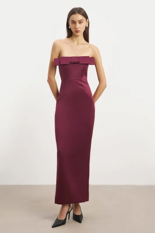 Satin Column Maxi Dress with Bow Detail - Mulberry sold by Because of Alice