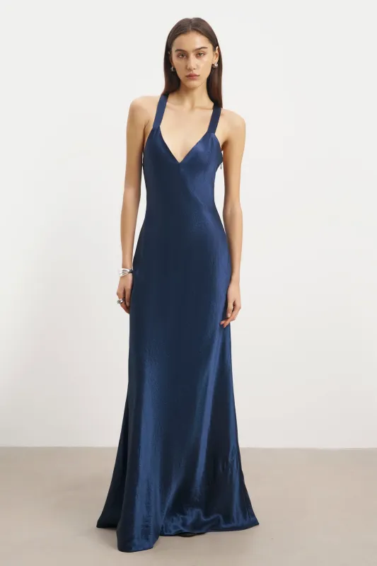Crushed Satin Cross Back Gown - Navy sold by Because of Alice
