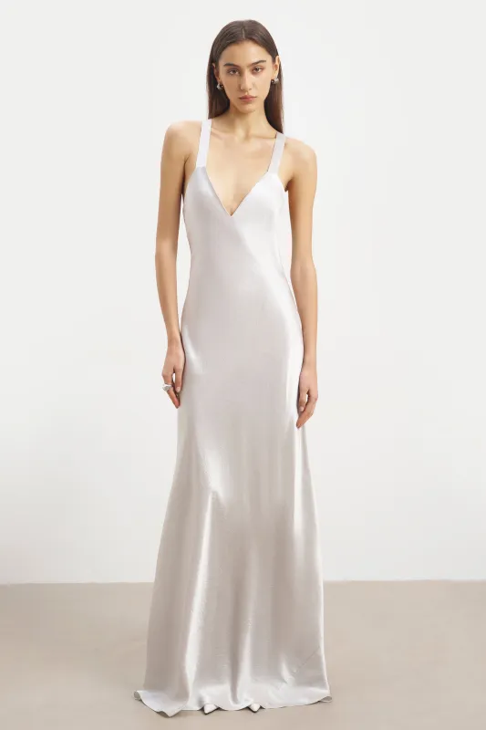 Crushed Satin Cross Back Gown - Chrome sold by Because of Alice