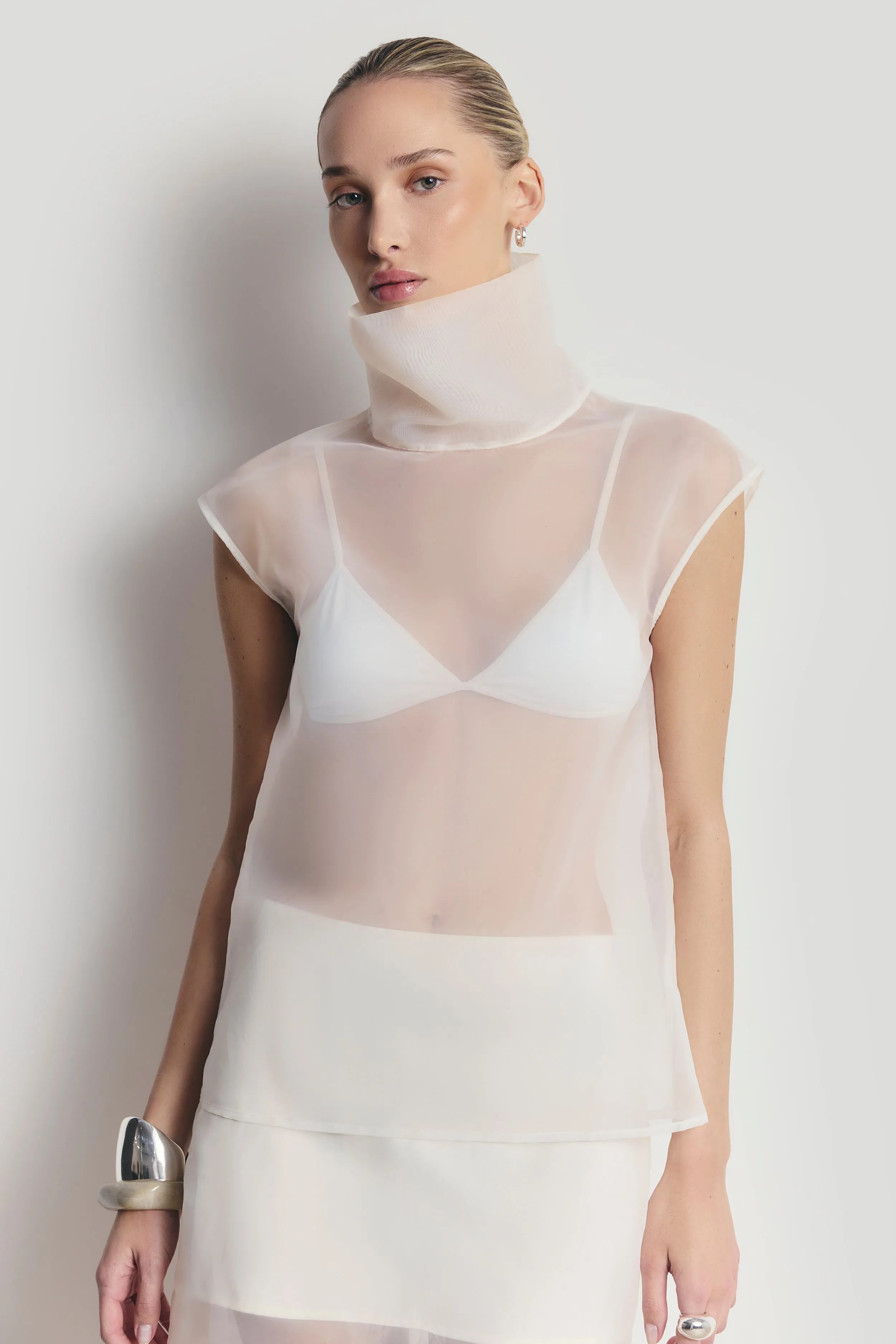 Sheer Organza Funnel Neck Blouse - Cream sold by Because of Alice
