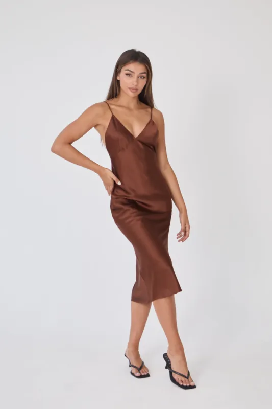 Satin Slip Midi Dress - Chocolate sold by Because of Alice