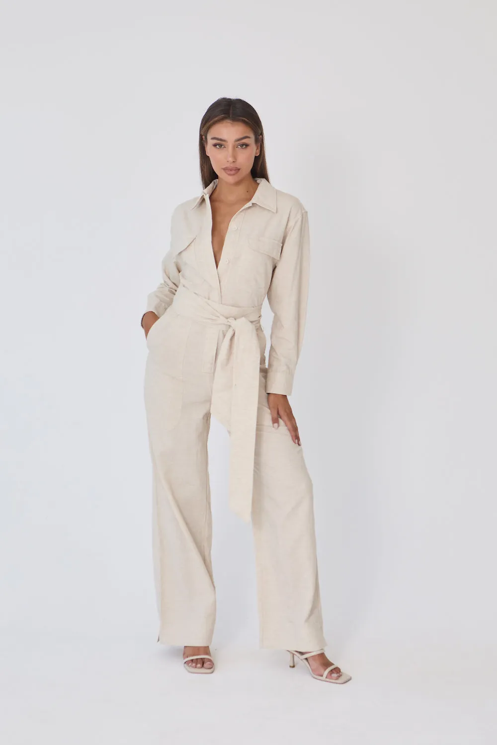 Belted Linen Wide Leg Jumpsuit - Speckled Cream sold by Because of Alice