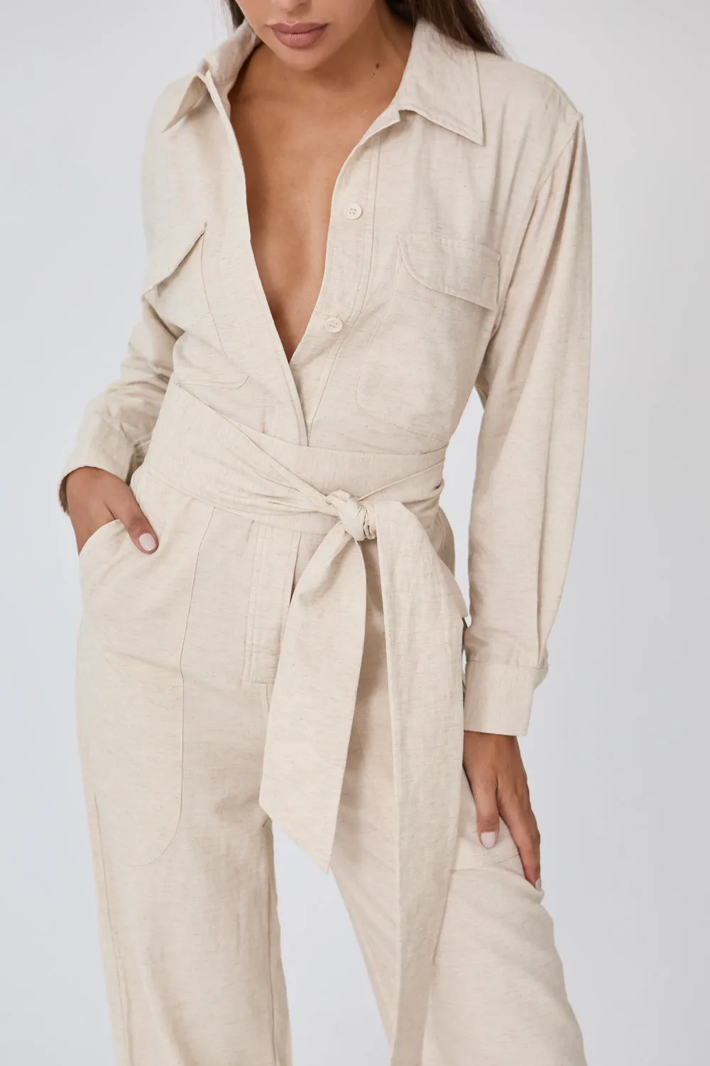 Belted Linen Wide Leg Jumpsuit - Speckled Cream sold by Because of Alice product image thumbnail 2