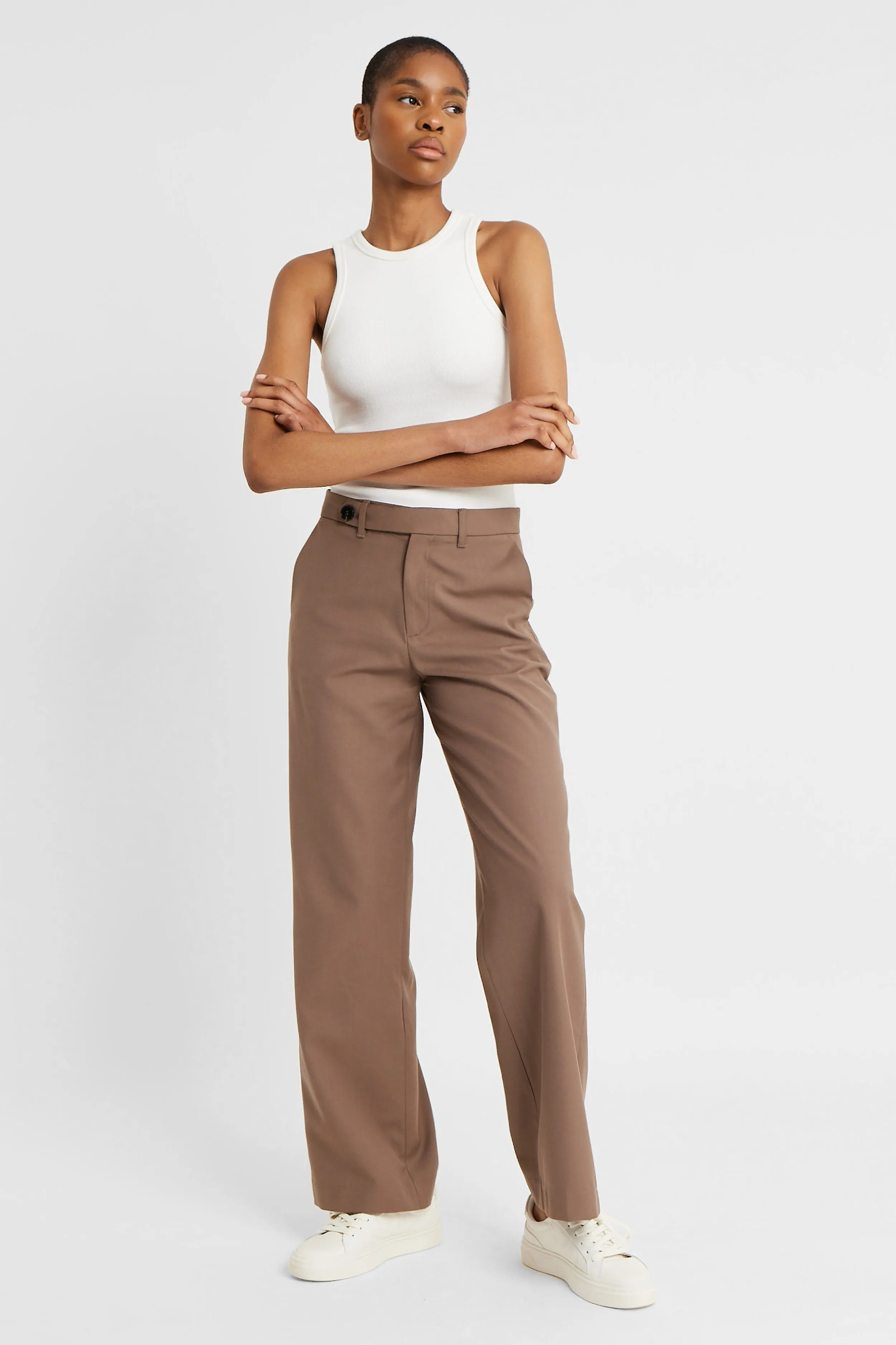 Mid Rise Trousers with Button Detail - Espresso sold by Because of Alice