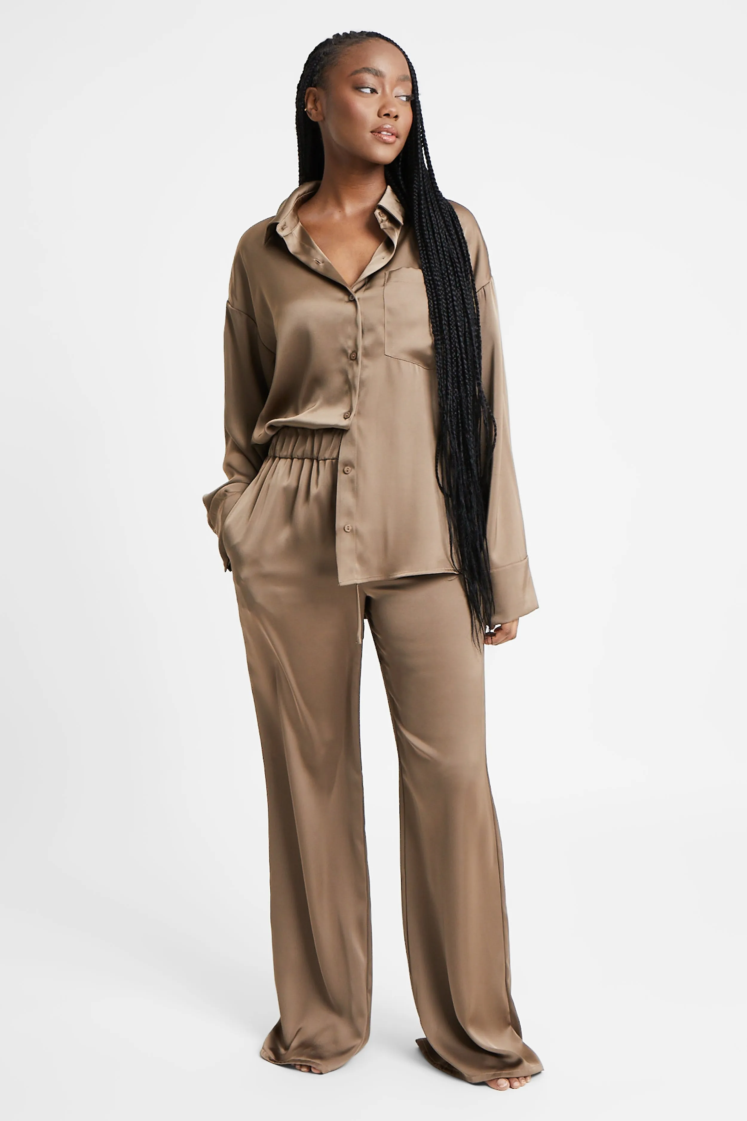 Relaxed Satin Drawstring Trousers - Espresso sold by Because of Alice