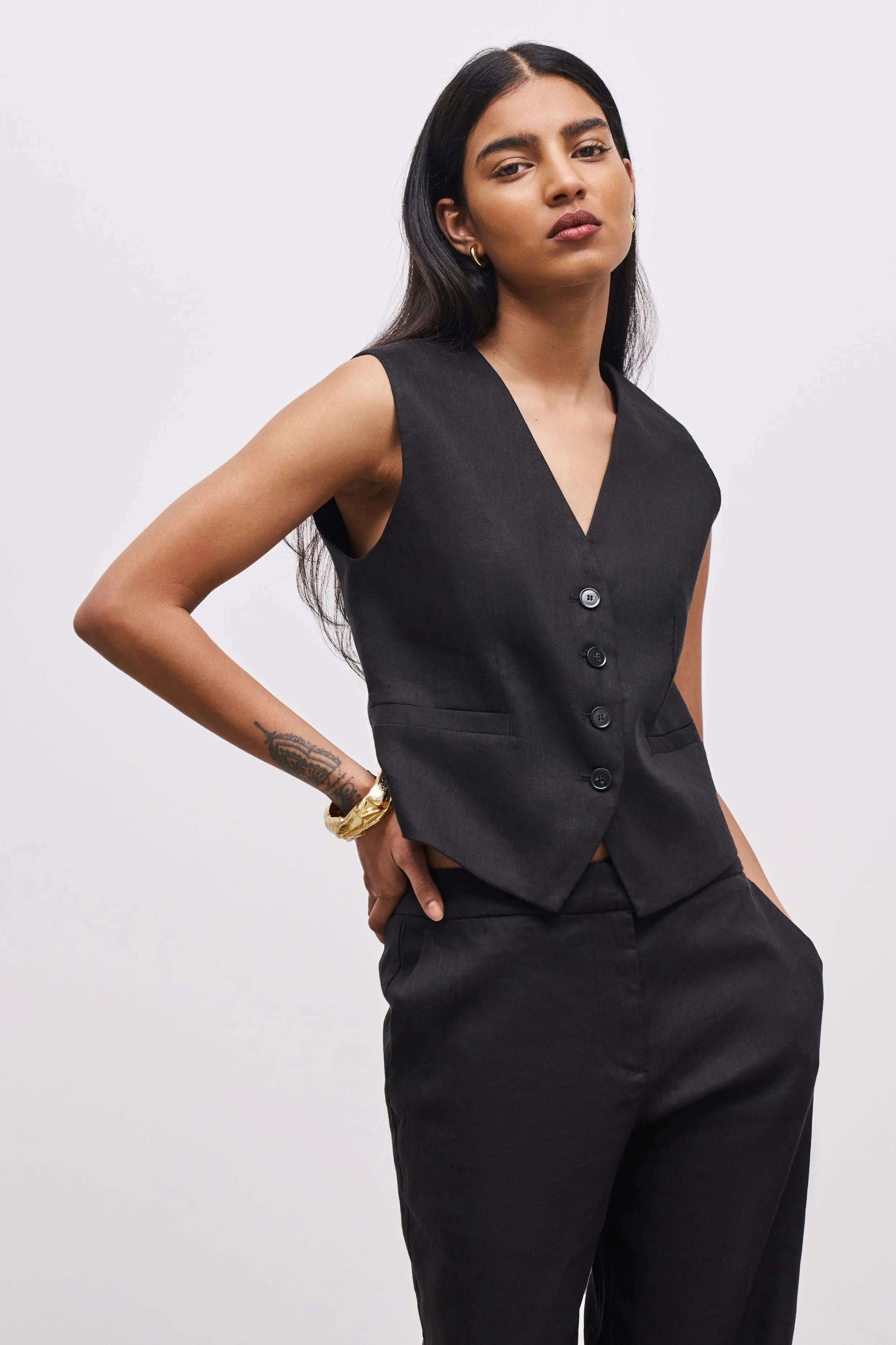 Straight Cut Linen Waistcoat - Black sold by Because of Alice