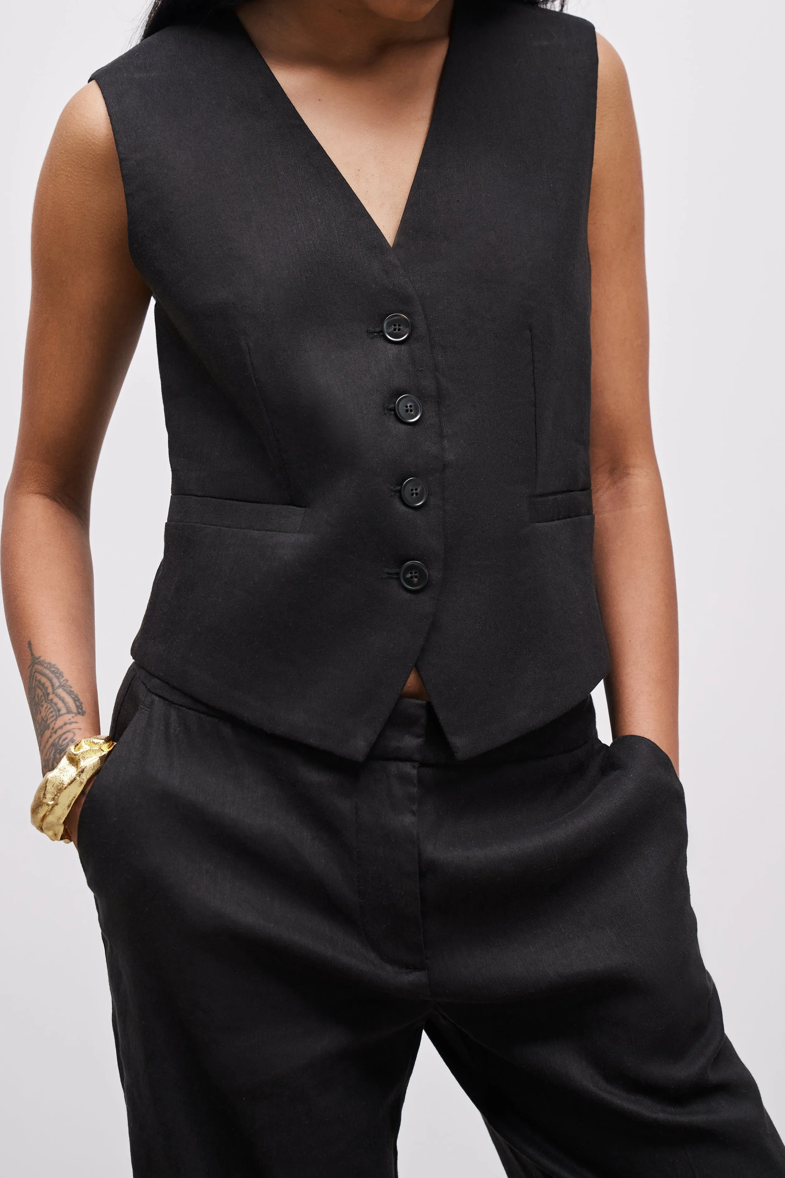 Straight Cut Linen Waistcoat - Black sold by Because of Alice product image thumbnail 5