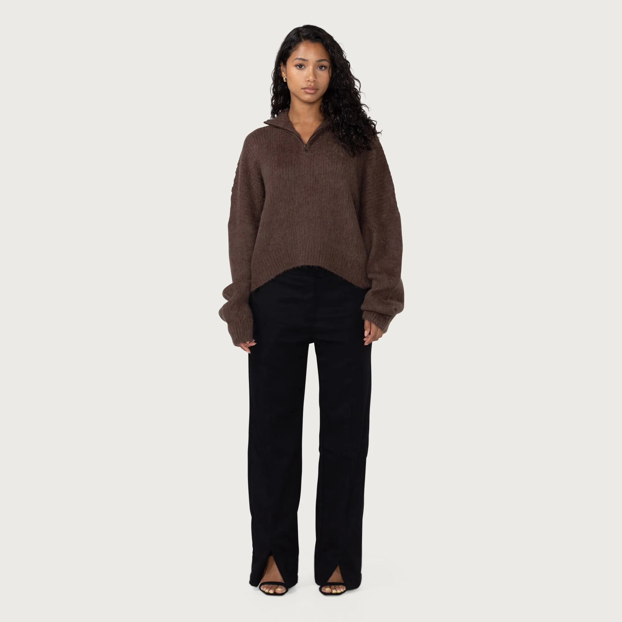 Womens Oversize Knit Quarter Zip - Brown sold by Honor the Gift product image thumbnail 3
