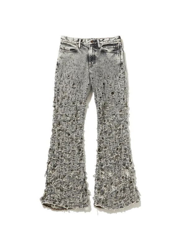 CRASHED BLACK MODERN DENIM FLARED TROUSERS sold by Sugar Hill Tokyo