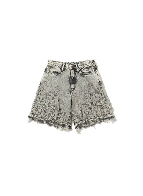 CRASHED BLACK MODERN DENIM WIDE SHORTS sold by Sugar Hill Tokyo