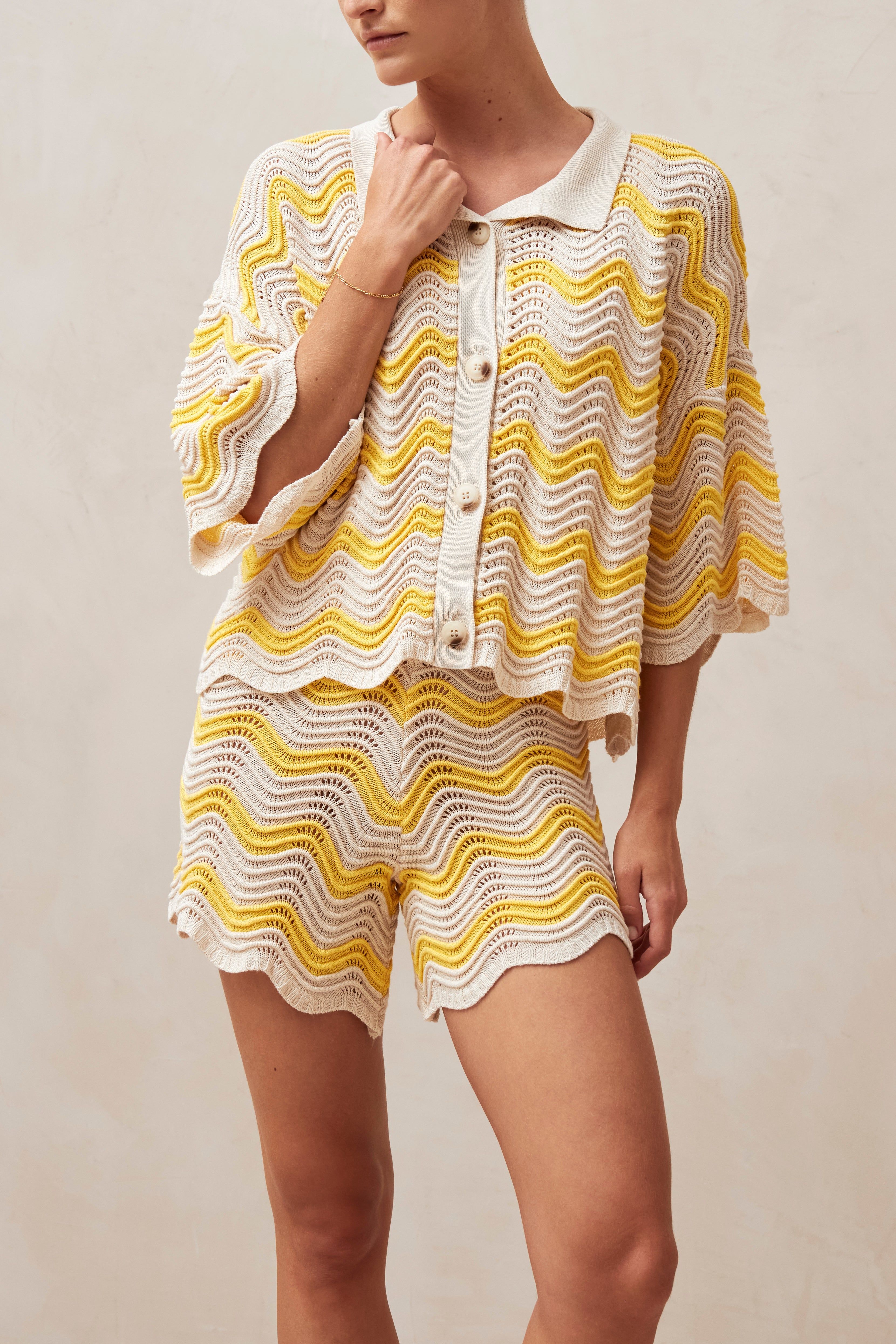 Messina Ecru And Yellow Waves Tricot Sweater sold by Alohas