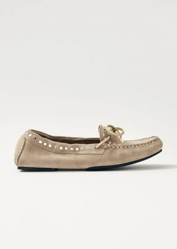 Calla Suede Studs Beige Leather Loafers sold by Alohas