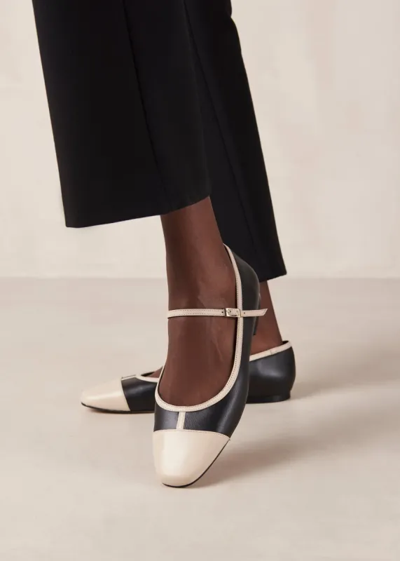 Agate Retro Bicolor Black Cream Leather Ballet Flats sold by Alohas