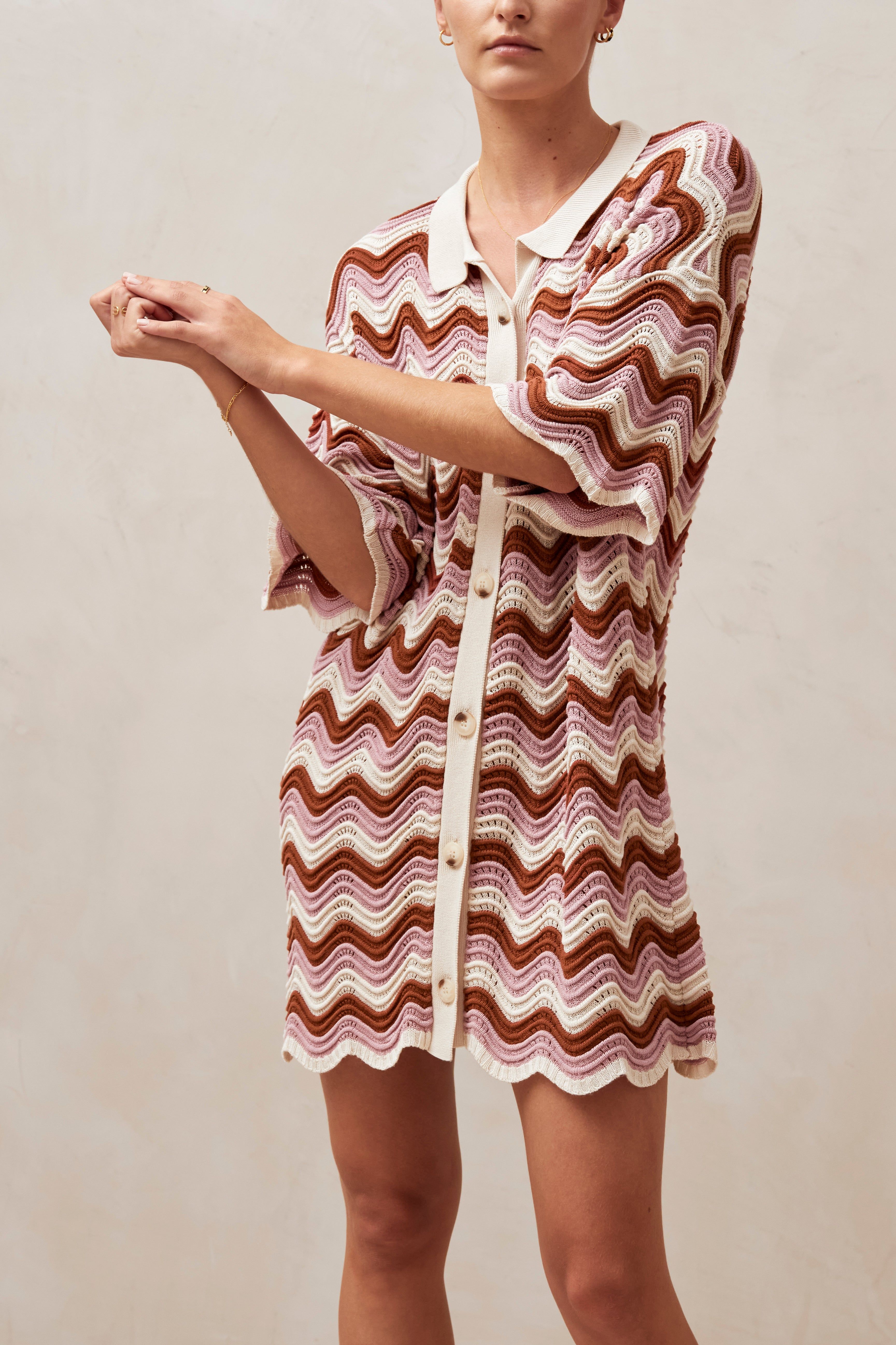 Palermo Pink Ecru And Brown Waves Tricot Mini Dress sold by Alohas product image thumbnail 3