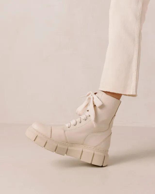 Can Can Cream Leather Ankle Boots sold by Alohas
