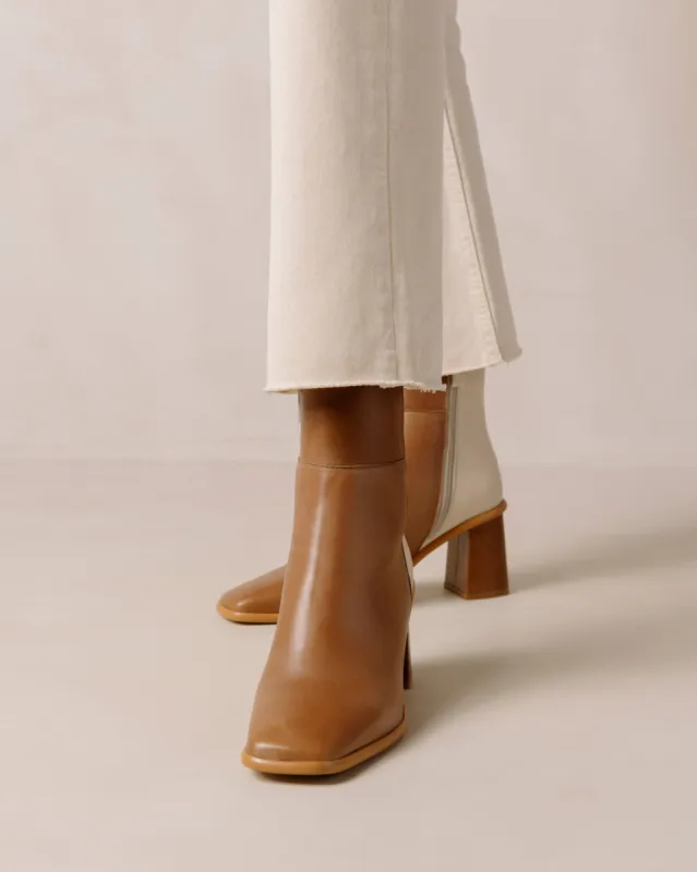 West Bicolor Camel Cream Leather Ankle Boots sold by Alohas