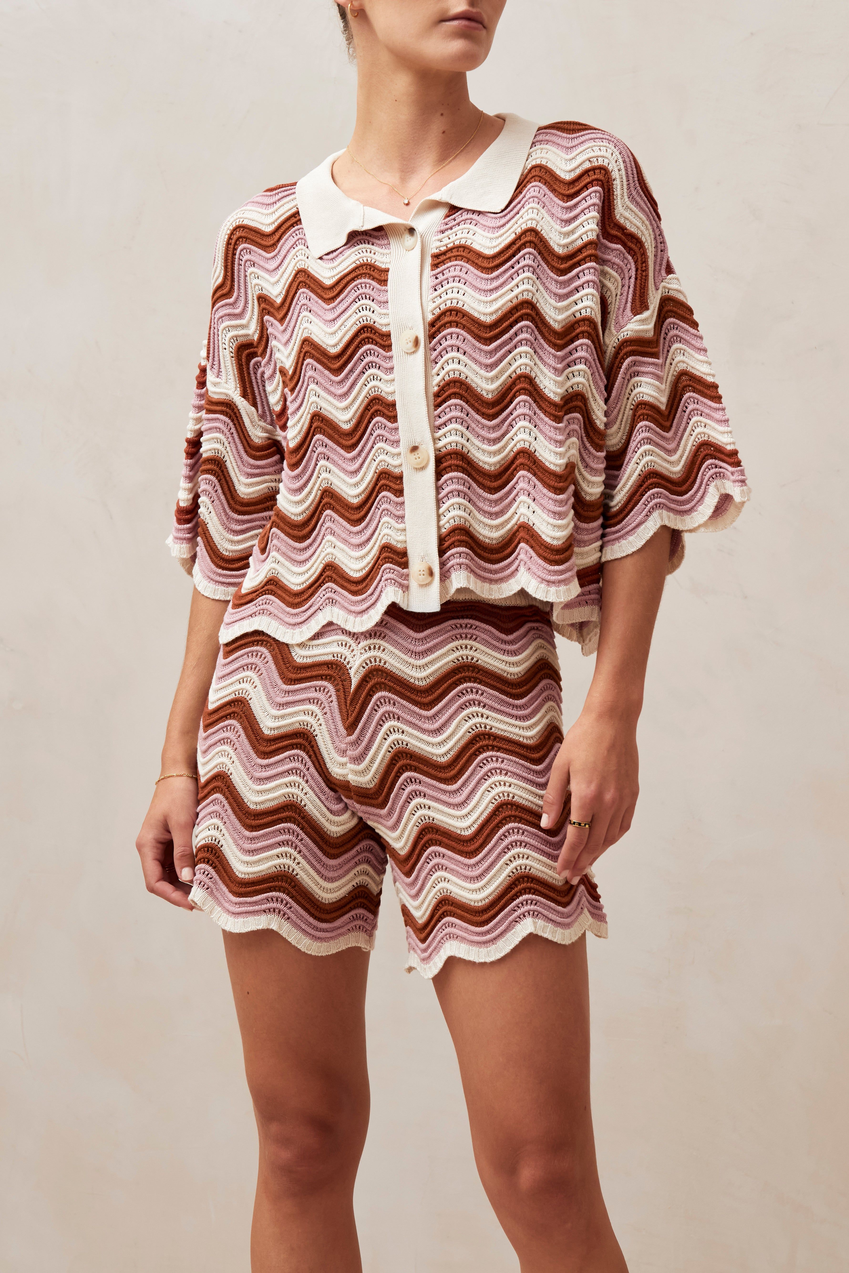 Messina Pink Ecru And Brown Waves Tricot Sweater sold by Alohas