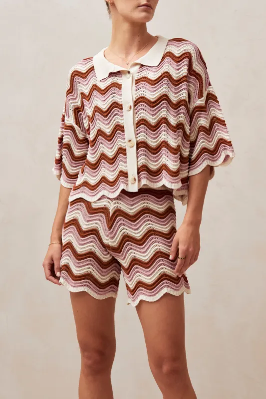 Messina Pink Ecru And Brown Waves Tricot Sweater sold by Alohas